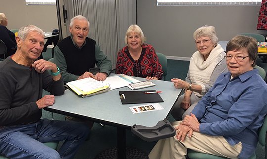 Submitted photo TOURNAMENT COMMITTEE: Tournament committee members Wally Johnson, Dick Condon, tournament chair, Betty Schultz, Sandy Stephens and Marilyn Biegler are working on the upcoming tournament which starts Thursday.