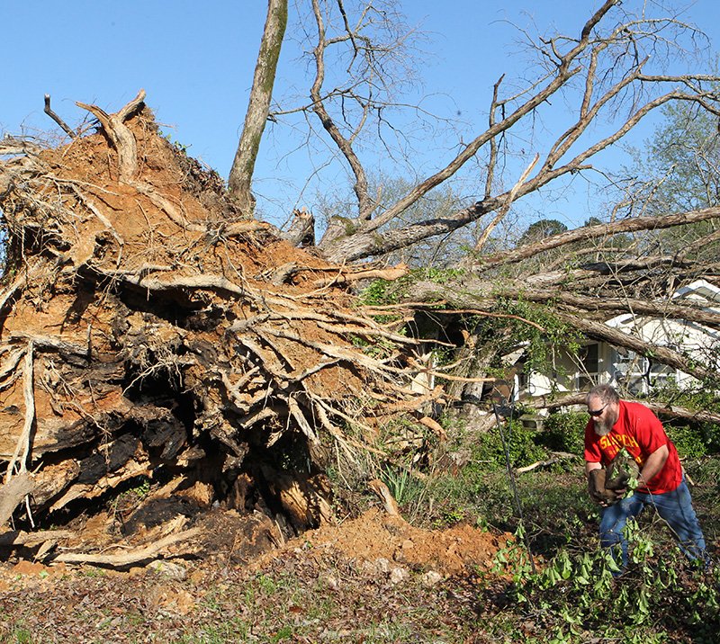 The Sentinel-Record/Richard Rasmussen SIFTING THROUGH: Shon Smith, of Benton, sifts through debris near a tree that fell on his house at 3725 10 Mile Road Friday in Saline County near the Garland County line Sunday.