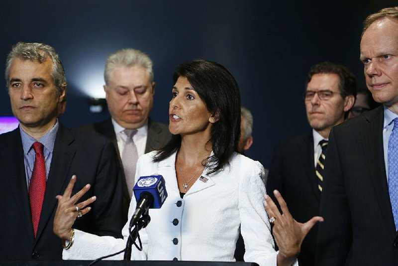 U.S. Ambassador Nikki Haley speaks to reporters Monday at U.N. headquarters in New York.