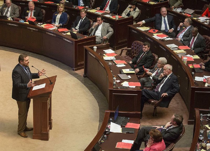 Rep. Bob Ballinger, R-Hindsville, presents a resolution sponsored by House Speaker Jeremy Gillam, R-Judsonia, to refer to voters in 2018 a proposal to amend the Arkansas Constitution to make it more difficult to propose and approve constitutional amendments. The House adopted the resolution, sending it to the Senate.