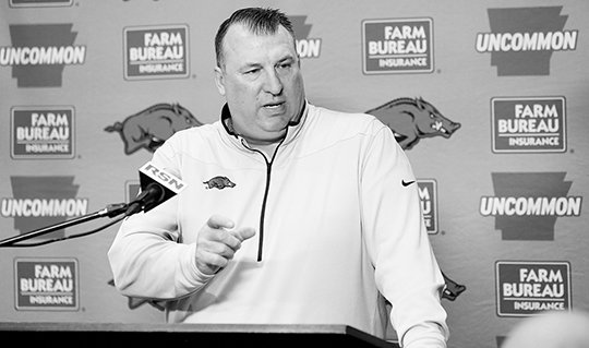 NWA Democrat-Gazette/DAVID GOTTSCHALK READY FOR PRACTICE: University of Arkansas head football coach Bret Bielema speaks with members of the media on Monday inside the Fred W. Smith Center in Fayetteville about the upcoming Razorback spring football practices.