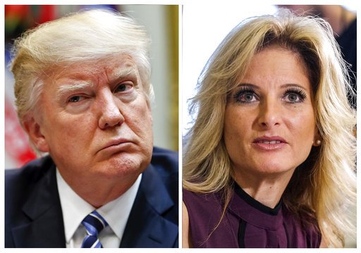 In this combination photo, President Donald Trump, left, listens during a meeting on health care in the Roosevelt Room of the White House on March 13, 2017, in Washington and Summer Zervos, a former contestant on "The Apprentice" appears at a news conference in Los Angeles on Oct. 14, 2016, to announce claims that Trump made unwanted sexual contact with her at a Beverly Hills hotel in 2007. 