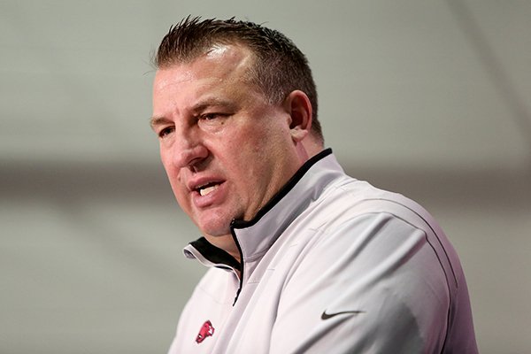 Arkansas coach Bret Bielema speaks to reporters during a news conference Monday, March 27, 2017, in Fayetteville. 