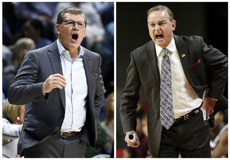  Connecticut head coach Geno Auriemma, left, calls out to his team in this March 18, 2017, file photo, in Storrs, Conn. Mississippi State head coach Vic Schaefer, right, directs his team in this Dec. 3, 2016, file photo, in Ames, Iowa. AP Photos/Jessica Hill, left, and Charlie Neibergall, right)