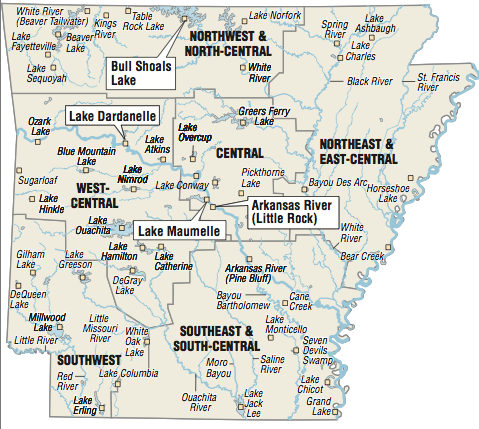 A map showing the location of Arkansas fishing spots.