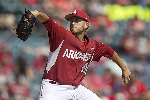Arkansas relief pitcher Kacey Murphy delivers a pitch Sunday, March 19, 2017, against Mississippi State at Baum Stadium in Fayetteville.