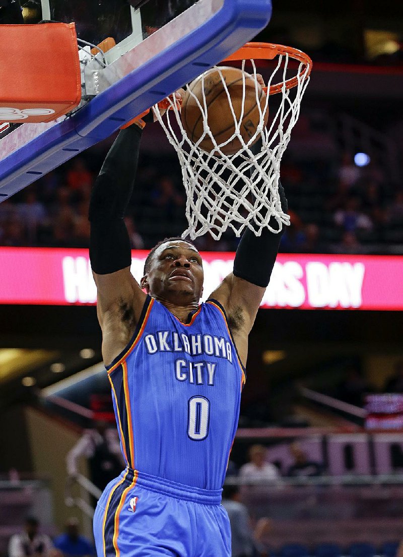 Oklahoma City guard Russell Westbrook scored 36 of his 57 points in the second half, while adding 10 rebounds and 11 assists, to lead the Thunder to a 114-106 overtime victory over the Orlando Magic on Wednesday in Orlando, Fla. It was the most points ever scored as part of a triple-double in NBA history and the victory helped the Thunder clinch a playoff spot.