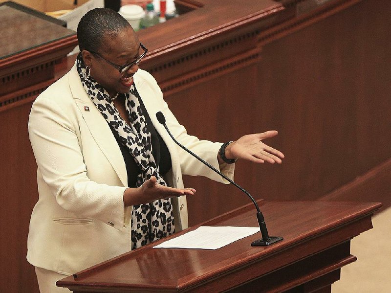 Rep. Vivian Flowers, D-Pine Bluff, presents a bill to create the Voter Protection Act of 2017 on the House floor Wednesday. The measure, House Bill 2137, was defeated. 
