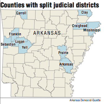 Map showing Arkansas Counties with split judicial districts 