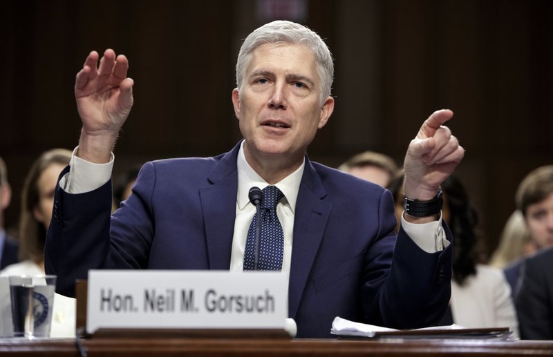 In this March 22, 2017, file photo, Supreme Court Justice nominee Judge Neil Gorsuch testifies on Capitol Hill in Washington, at his confirmation hearing before the Senate Judiciary Committee. 