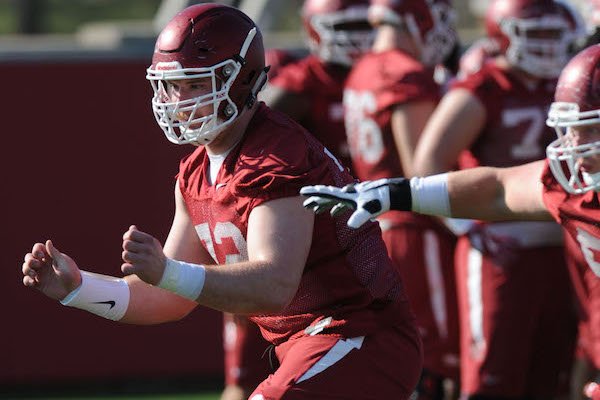 Arkansas offensive lineman Frank Ragnow moves through a drill Tuesday, March 28, 2017, during spring practice at the UA practice facility in Fayetteville. 