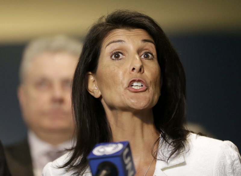 FILE - In a Monday, March 27, 2017 file photo, United States Ambassador to the United Nations Nikki Haley speaks to reporters outside the General Assembly at U.N. headquarters. 