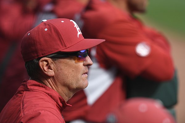 Arkansas coach Dave Van Horn watches from the dugout against Alcorn State Wednesday, March 15, 2017, during the fourth inning at Baum Stadium. 
