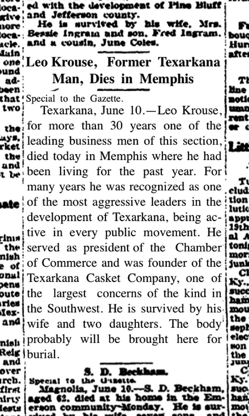 Re-created for legibility, this is the death notice of Leo Krouse as reported in the June 11, 1926, Arkansas Gazette.
