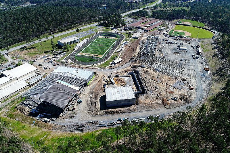 FILE PHOTO: Construction continues on the new Robinson Middle School behind the Robinson High School football field Friday, March 31, 2017 in west Little Rock. At bottom left is the multipurpose building and at center right is the academic tower building of the new Robinson Middle School. At top right is the current Robinson Middle School.
