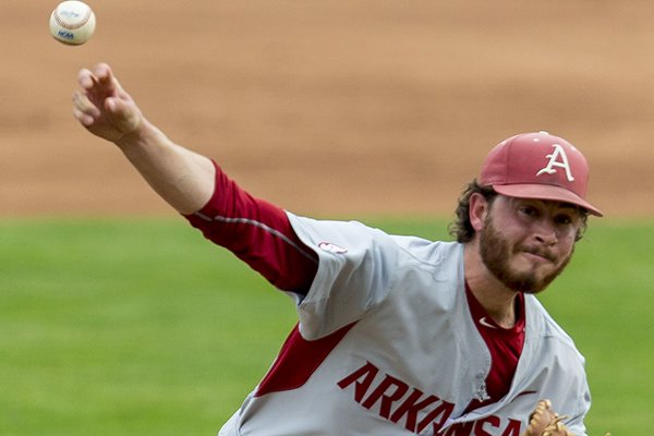 Arkansas pitcher Josh Alberius delivers in the first during against Alabama during an NCAA college baseball game Sunday, April 2, 2017, in Tuscaloosa, Ala. (Vasha Hunt/AL.com via AP)

