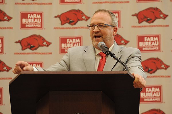 Arkansas women's basketball coach Mike Neighbors speaks Tuesday, April 4, 2017, during a ceremony and press conference to announce his hire at the university's basketball practice facility. 