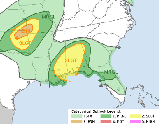 This graphic from the Storm Prediction Center shows in yellow part of the state under a slight risk for severe storms today.