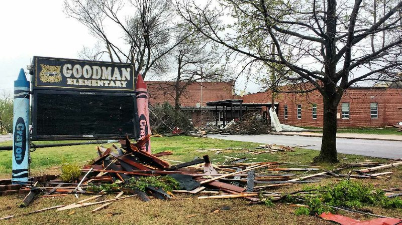 A suspected tornado destroyed an elementary school and fire station in Goodman, Mo., Tuesday, April 4, 2017.