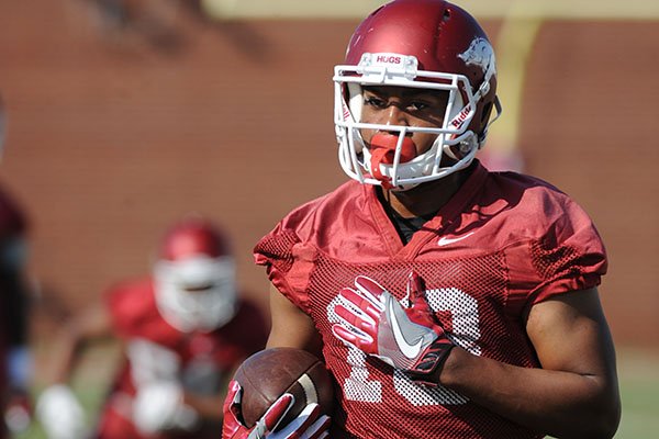 Arkansas receiver Jordan Jones makes a catch Tuesday, March 28, 2017, during spring practice at the UA practice facility in Fayetteville.