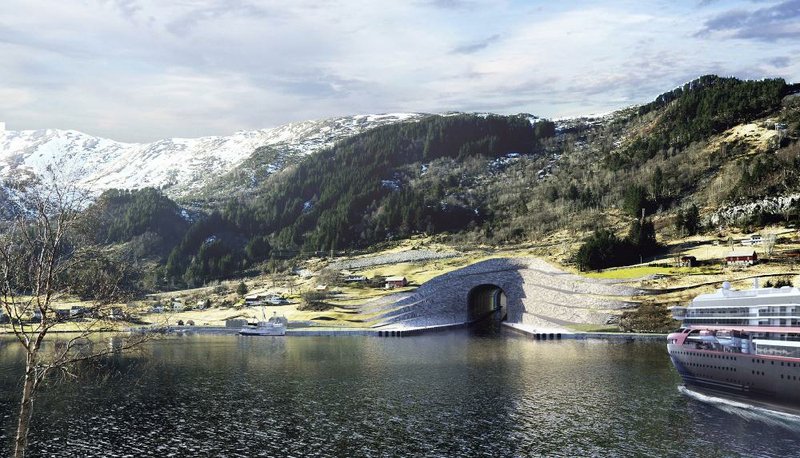 A ferry approaches the entrance to the Stad Ship Tunnel in Norway in this computer-generated image provided by the Norwegian Coastal Administration. The tunnel is scheduled to open in 2023.