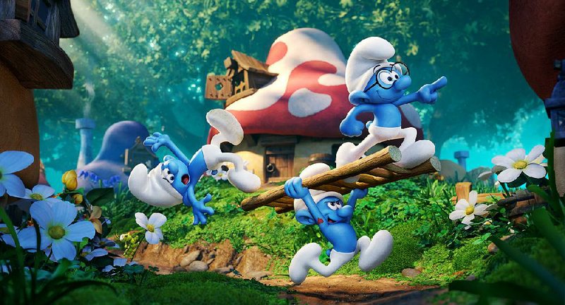 Blue Man Group: Clumsy (voice of Jack McBrayer), Hefty (Joe Manganiello) and Brainy (Danny Pudi) cavort in Sony Pictures Animations’s Smurfs: The Lost Village, a computer-animated film directed by Kelly Asbury
