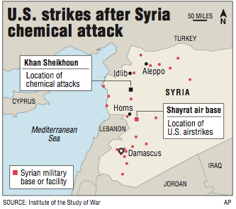 A map showing U.S. strikes after Syria chemical attack