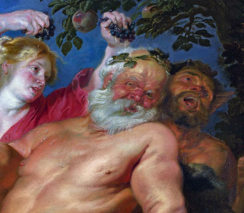 Does God love a drunk? The imbibing subject of Drunken Silenus Supported by the Satyrs, shown in a detail from the painting, may have hoped so. The work was painted circa 1620.
