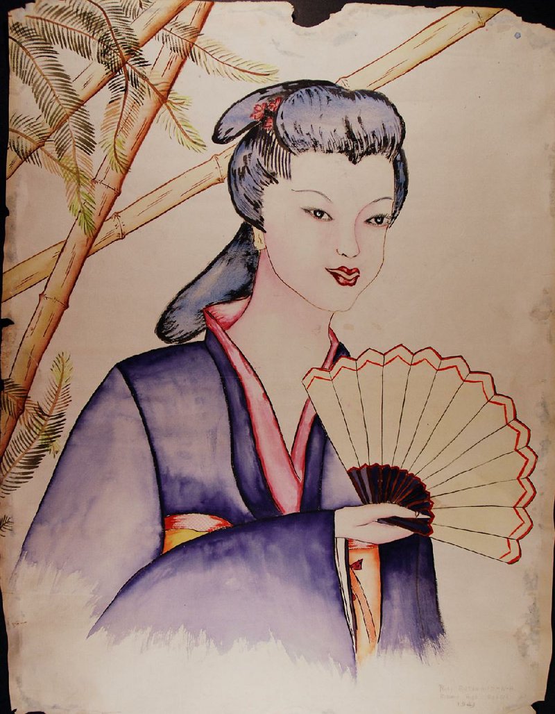 Ruby Matsuhiro’s 1943 watercolor on paper, Woman Holding a Fan, is part of “The American Dream Deferred: Japanese American Incarceration in WWII Arkansas” at the Butler Center for Arkansas Studies.  