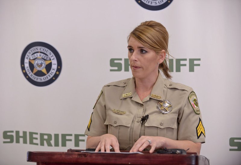 In this file photo Sgt. Shannon Jenkins, Benton County Sheriff’s Office public information officer, is shown at a news conference at the Sheriff’s Office in Bentonville.