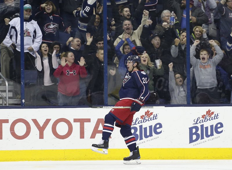  In this March 2, 2017, file photo, Columbus Blue Jackets' Brandon Saad celebrates his goal against the Minnesota Wild during the third period of an NHL hockey game, in Columbus, Ohio. 