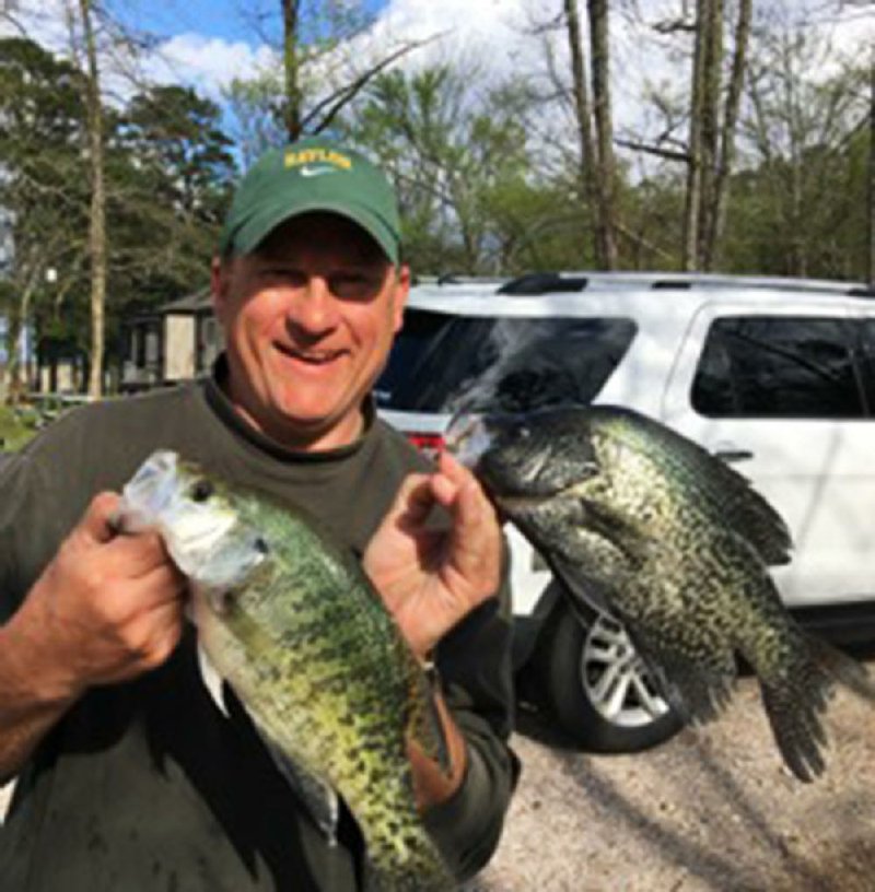 Bill Eldridge of Benton has been catching white crappie (left) and black crappie in shallow water at Lake Ouachita in the past couple of weeks.