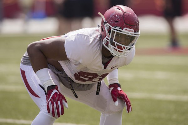 Arkansas outside linebacker Michael Taylor during practice Saturday, April 8, 2017.