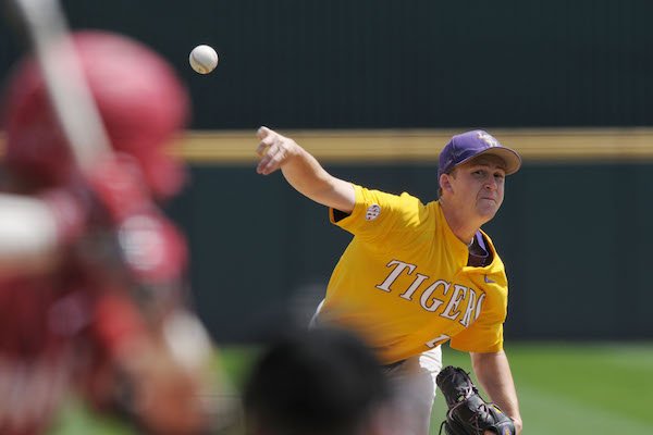 Eric Walker, LSU pitcher, delivers the ball to an Arkansas batter Sunday, April 9, 2017, during the game at Baum Stadium in Fayetteville. 