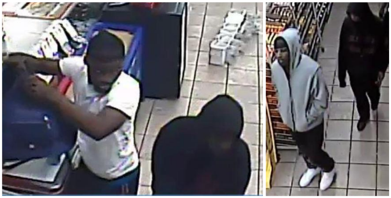 These surveillance images from the Freeway Mart on Baseline Road show three men who robbed the business, authorities said.