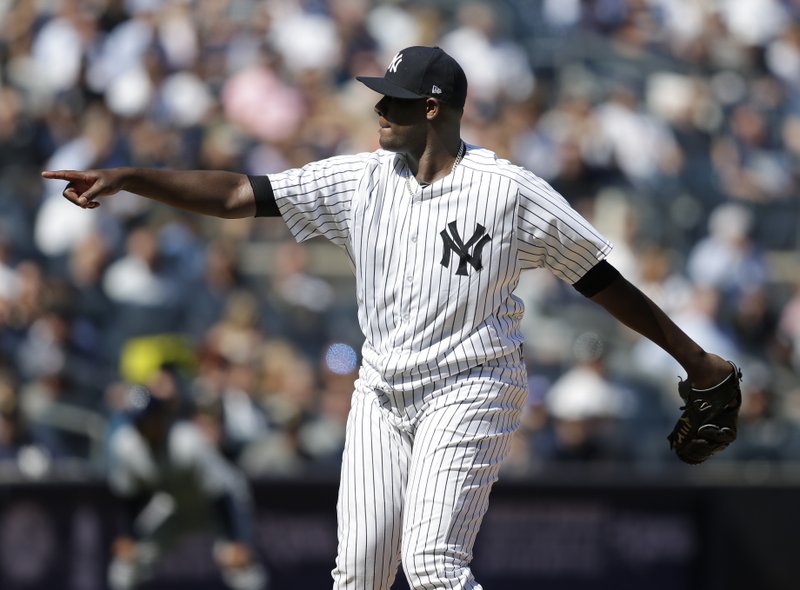 New York Yankees starting pitcher Michael Pineda reacts after throwing a pitch during the sixth inning of the baseball game against the Tampa Bay Rays at Yankee Stadium, Monday, April 10, 2017, in New York. 