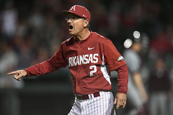 Arkansas coach Dave Van Horn argues a called foul ball against Mississippi State Saturday, March 18, 2017, during the sixth inning at Baum Stadium in Fayetteville. 