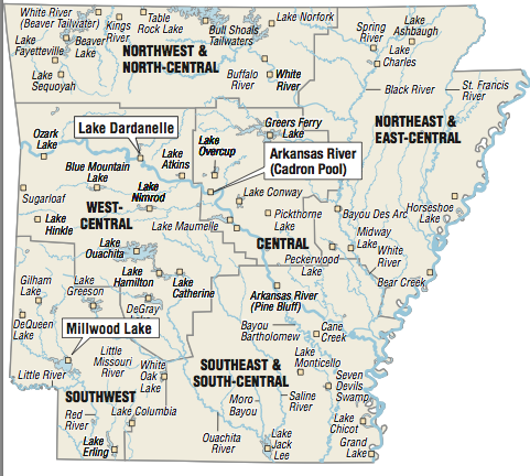 A map showing the location of Arkansas fishing spots.
