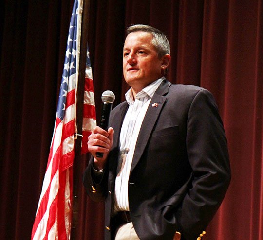 The Sentinel-Record/Lorien E. Dahl HOT TOPICS: U.S. Rep. Bruce Westerman, R-District 4, spoke in Hot Springs Village on Wednesday during a "Coffee with your Congressman" event, held in Woodlands Auditorium. Some 75 constituents attended to hear Westerman address issues facing the 4th Congressional District and all Americans.