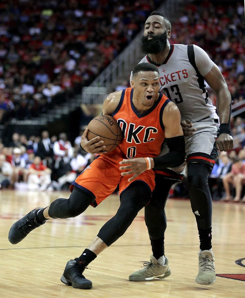 Oklahoma City’s Russell Westbrook (left) and Houston’s James Harden offer one of the more intriguing matchups in the first round of this year’s NBA playoffs.