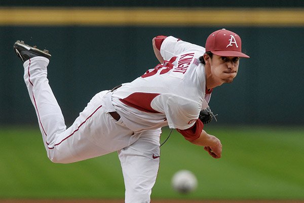 Blaine Knight pitches for Arkansas Thursday, April 13, 2017, during the game against Georgia at Baum Stadium in Fayetteville.
