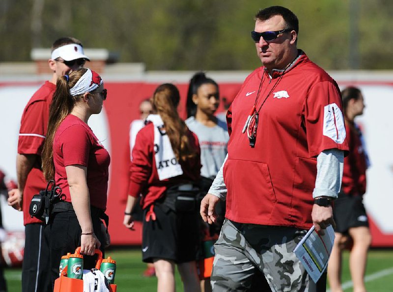 NWA Democrat-Gazette/ANDY SHUPE
Arkansas coach Bret Bielema watches Saturday, April 1, 2017, during practice at the university practice field in Fayetteville. Visit nwadg.com/photos to see more photographs from practice.
