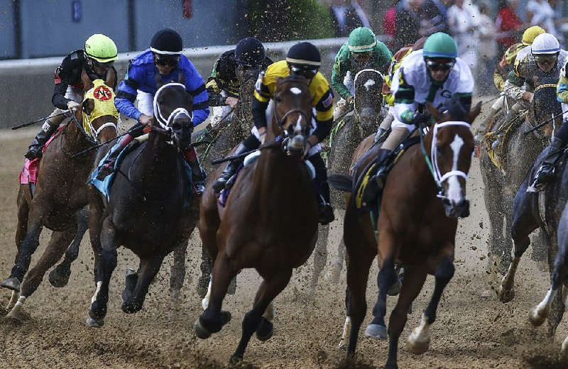 The field heads into the first turn during Friday’s Grade III $400,000 Fantasy Stakes at Oaklawn Park in Hot Springs. Ever So Clever (fifth from left) and jockey Luis Contreras were at the tail of the field early but rallied to win by 1¾ lengths.