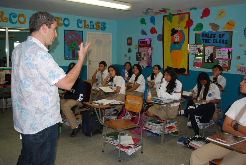 Poet Richard Blanco teaches poetry to the girls of Our Little Roses in San Pedro Sula, Honduras. 