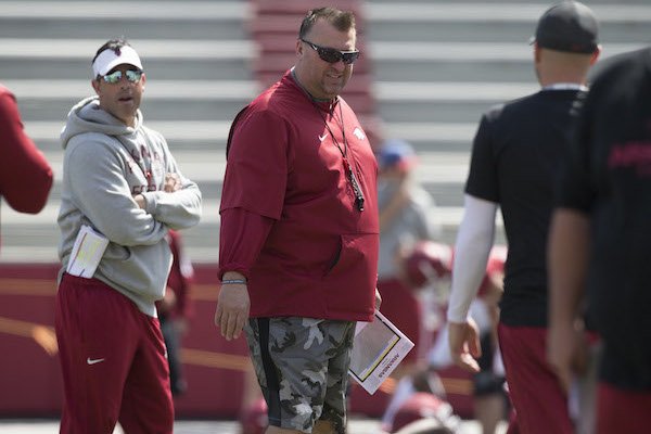 Arkansas coach Bret Bielema before the Razorbacks' second spring scrimmage Saturday, April 15.