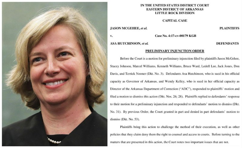 U.S. District Judge Kristine Baker has issued an order halting Arkansas' plan to execute several condemned inmates this month.