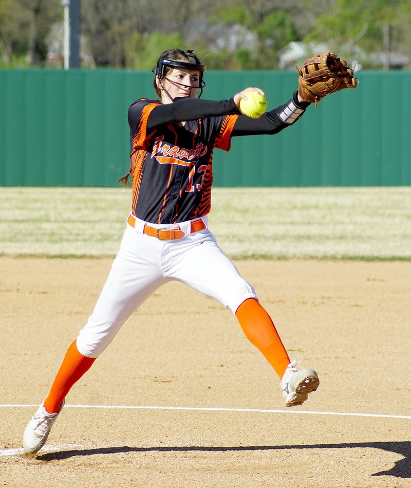 Cally Kildow of Gravette pitched a perfect game and struck out 13 during a win over Huntsville. Kildow, a freshman, has already committed to the Arkansas women's softball team.