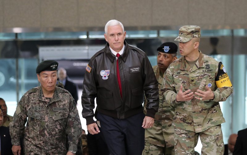U.S. Vice President Mike Pence arrives at the border village of Panmunjom in the Demilitarized Zone, which has separated the two Koreas since the Korean War, on Monday, April 17, 2017. 