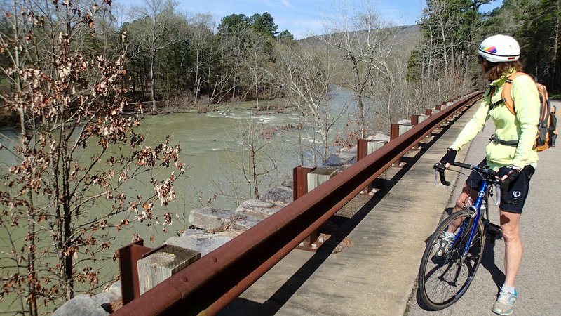 Karen Mowry takes in a view of the Mulberry River from the Mulberry River Road Scenic Byway on March 26. The route runs parallel to the river along Arkansas 215.