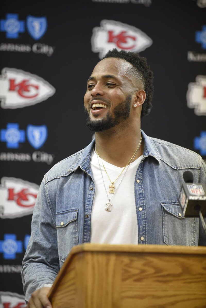 In this Sept. 25, 2016, file photo, Kansas City Chiefs linebacker Derrick Johnson smiles during a news conference following an NFL football game against the New York Jets in Kansas City, Mo. 